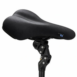 Hygge Herlev ebike FreeWay black padded comfort saddle with Zoom adjustable seatpost clamp side view.