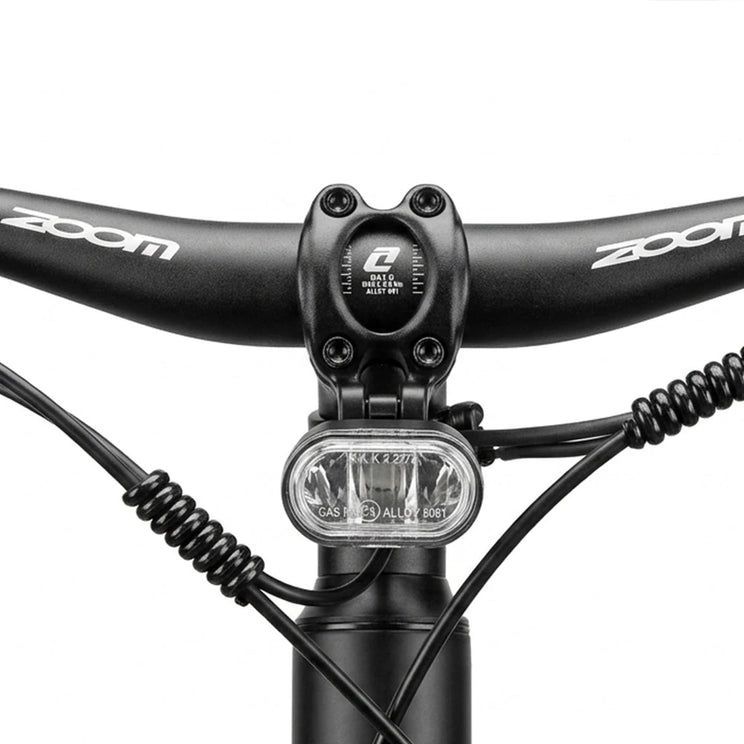 Front view of the Hygge Lossø cockpit with the Zoom handlebar, stem and AXA LED headlight.