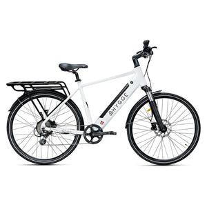 Full side view of the white Hygge Lossø commuter electric bike with suspension fork, rear rack and mudguards.