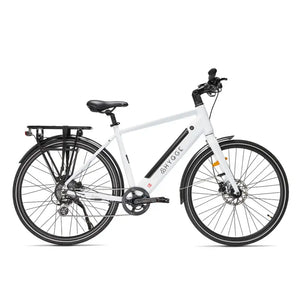 Full side view of the white Hygge Lossø commuter electric bike with rear rack and fenders.