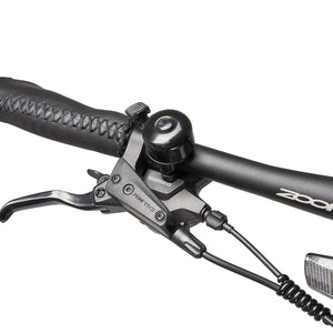 Close-up of the handlebar featuring the Tektro brake lever, bell, and Shimano components.