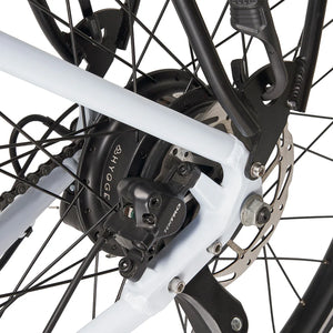 Detail view of the rear hub motor and Shimano Altus gears on the Hygge Lossø commuter bike.