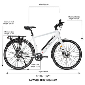 Size and dimensions diagram of the Hygge Lossø Commuter Hybrid Electric Bike 250W showing seat height, handlebar height, stand over height, reach, and total length.