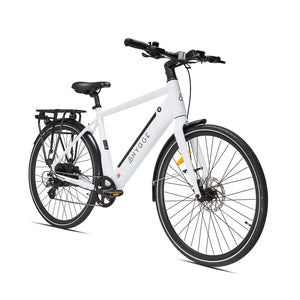 Angled front view of the Hygge Lossø commuter e-bike, highlighting the front wheel, disc brake, and minimalist frame design.