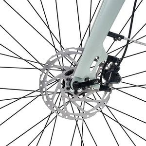 Front wheel disc brake and rotor on Hygge Lossø electric bike showing Tektro braking system detail.
