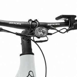 AXA LED headlight mounted under the stem of the Hygge Lossø Step, with the handlebar display behind.