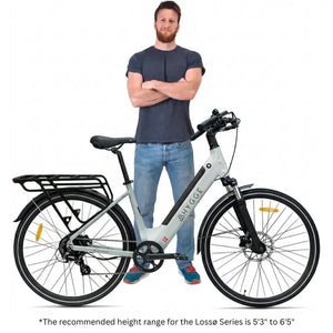 Hygge Lossø electric bike with rider height comparison showing recommended rider size range and fit.