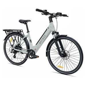 Hygge Lossø Step step-through electric bike 250W angled view showing the suspension fork and upright commuter geometry.