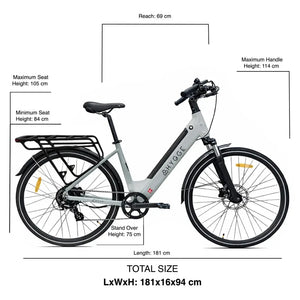 Hygge Lossø step-through electric bike size and geometry diagram showing height, reach and overall dimensions.