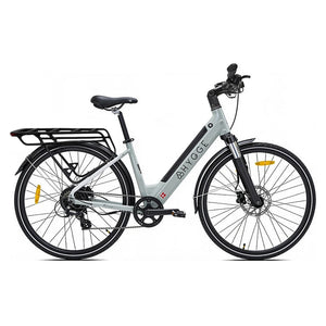 Hygge Lossø Step step-through electric bike 250W in Moss Grey, full side profile with rear rack and mudguards.