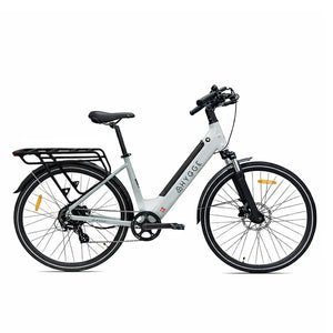 Hygge Lossø step-through electric bike 250W full side profile showing frame design and rear rack for urban commuting.