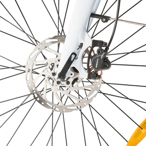 Close-up of the Tektro hydraulic disc brake on the front wheel of the Hygge Lossø electric bike.