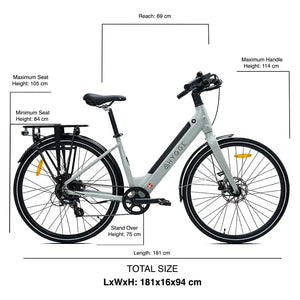 Size and dimensions diagram of the Hygge Nivø Hybrid Electric Bike 250W showing seat height, handlebar height, stand over height, reach, and total length.
