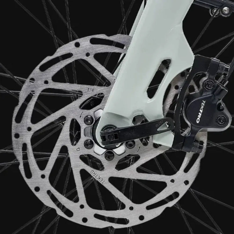 Close-up view of the disc brake system on the Hygge Nivø Hybrid Electric Bike 250W.