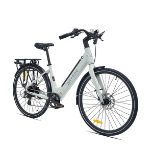 Slanted front angled view of the Hygge Nivø e-bike, showing the integrated lights and front wheel.
