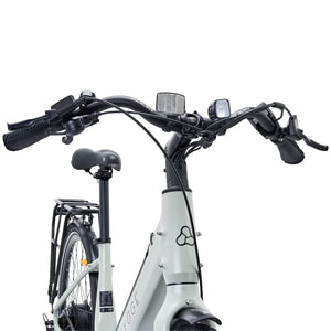 Top-down view of the handlebars, integrated lights, and cables on the Hygge Nivø electric bike.