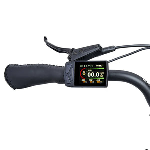 Close-up of the Hygge Nivø e-bike's handlebar-mounted LCD display showing speed, battery level, and ride data.