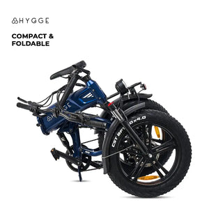 Studio shot of the Hygge Sorø 2025 electric bike completely folded, demonstrating its compact size for easy storage and transport.