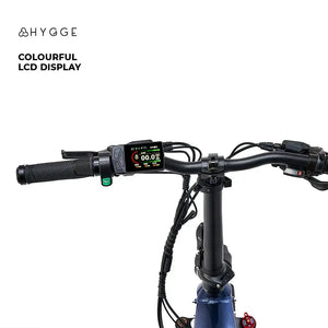 Rider's eye view of the Hygge Sorø 2025 handlebars, featuring a bright and colourful LCD digital display screen.