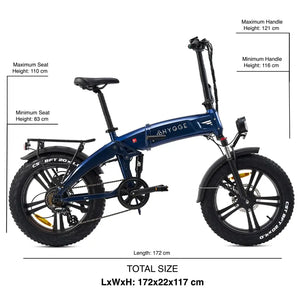 Size and dimensions diagram of the Hygge Sorø folding electric bike showing seat height, handlebar height, and total length.