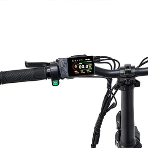 Hygge Sorø electric bike LCD display showing speed and battery with handlebar control system.