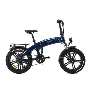 Hygge Sorø folding electric bike in blue with full suspension and fat tyres for stable all-terrain riding.