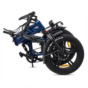 Hygge Sorø full suspension folding electric bike in blue folded for compact storage with fat tyres.