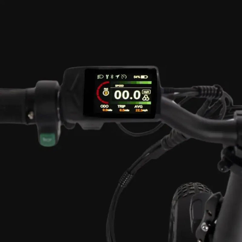 LCD display and control panel on the Hygge Sorø Fat Tyre Folding Electric Bike showing speed and battery information.