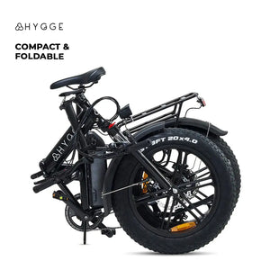 The Hygge Vester 2025 electric bike in its fully folded position, demonstrating its compact size for camping trips and storage.