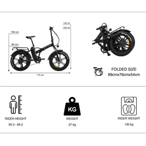 Technical specifications infographic for the Hygge Vester 2025, showing dimensions, folded size (89x76x54cm), and rider height suitability.