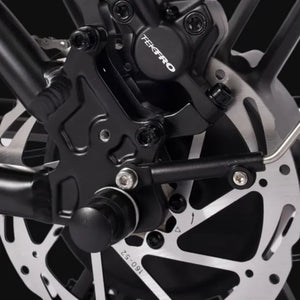 Close-up view of the disc brake system on the Hygge Vester Folding Fat Tyre Electric Bike 250W.