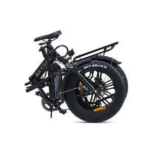 Hygge Vester folding electric bike in folded position highlighting compact design and portability for storage and transport.