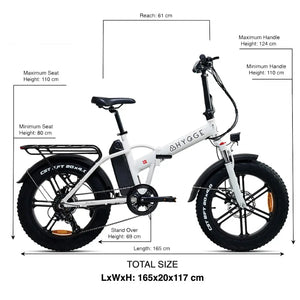 Hygge Vester folding electric bike size guide showing frame dimensions, handlebar height, and overall bike measurements.