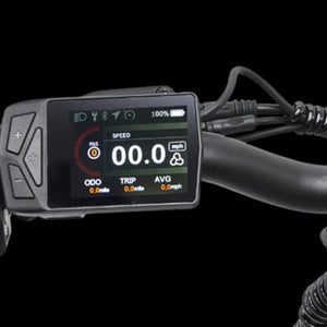 LCD display on Hygge Vester electric bike showing speed, battery level, and pedal assist settings.