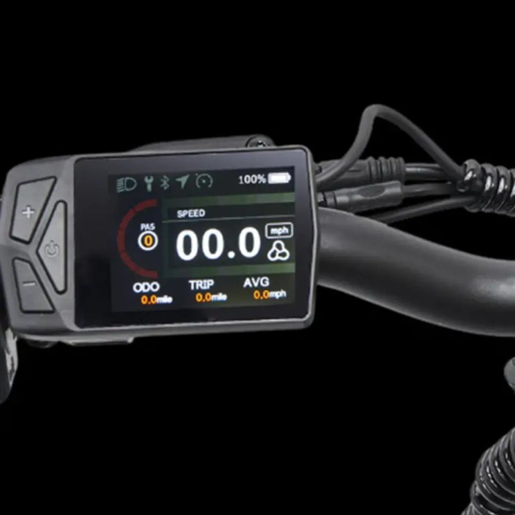 LCD display on Hygge Vester electric bike showing speed, battery level, and pedal assist settings.