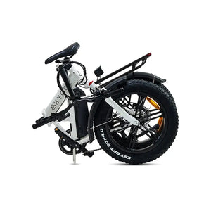 Hygge Vester folding electric bike folded for compact storage with fat tyres and sturdy frame design.