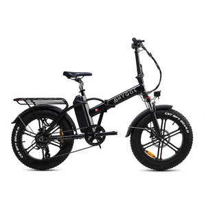Hygge Vester folding electric fat bike in black with rear cargo rack side view.
