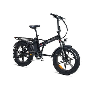 Hygge Vester folding fat tyre electric bike angled view highlighting compact frame, wide tyres and rear rack.