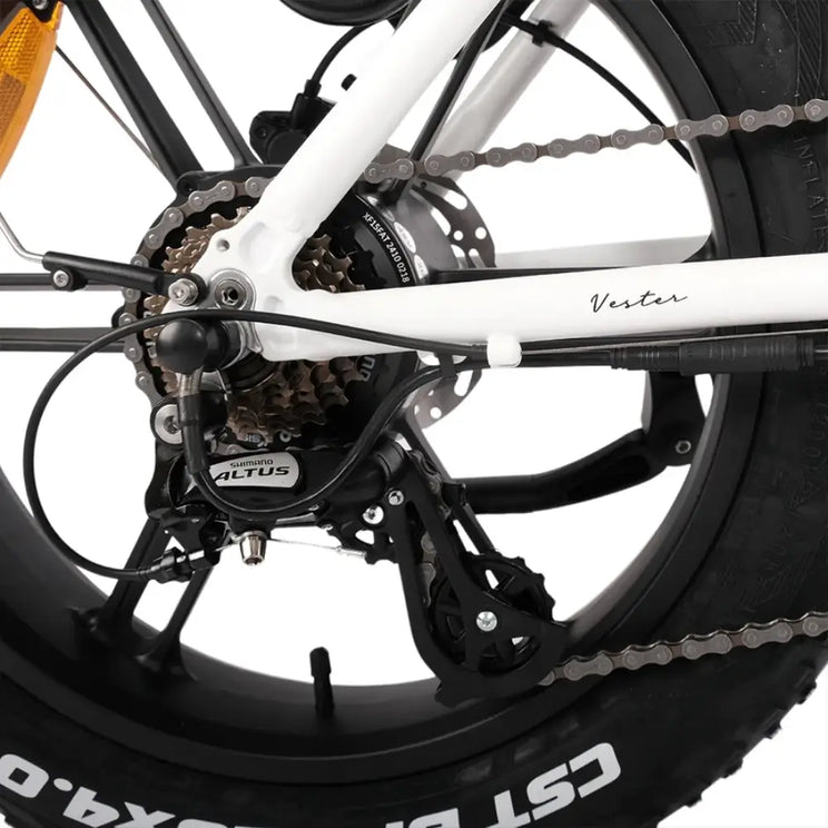 Hygge Vester electric bike Shimano Altus drivetrain and rear gear system for smooth and reliable shifting.