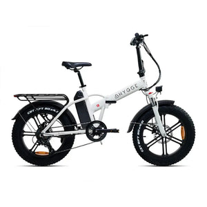 Hygge Vester folding fat tyre electric bike in white with compact frame, rear rack and wide tyres.