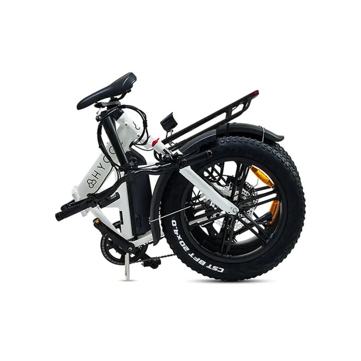 Hygge Vester folding electric bike folded for compact storage with fat tyres and sturdy frame design.