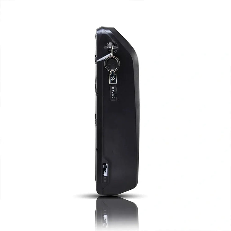 The removable battery for the Hygge Vester Step Folding Fat Tyre Electric Bike 250W shown against a dark background.