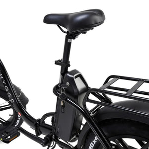 Close-up of the removable battery pack and secure key locking mechanism on the Hygge Vester Step electric bike.