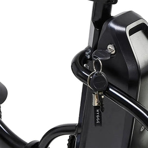 Hygge Vester Step ebike black frame battery lock with branded Hygge key inserted on downtube.