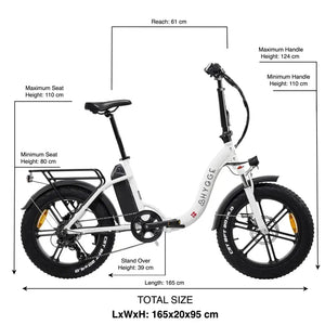 Size and dimensions diagram of the Hygge Vester Step Folding Fat Tyre Electric Bike 250W showing seat height, handlebar height, stand over height, and total length.