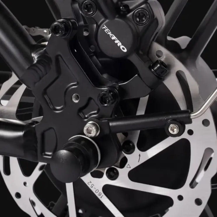 Close-up view of the disc brake system on the Hygge Vester Step Folding Fat Tyre Electric Bike 250W.