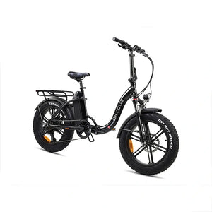 Hygge Vester Step folding electric bike 250W black angled view with fat tyres, step-through frame, and practical urban riding features.