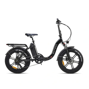 Side view of the black Hygge Vester Step, showcasing its rugged fat tyres and step-through folding frame.