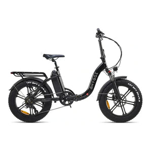 Side view of the black Hygge Vester Step, showcasing its rugged fat tyres and step-through folding frame.