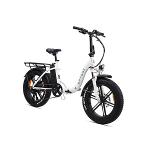 Hygge Vester Step folding electric bike 250W white angled view showing step-through design, wide tyres, and compact commuter setup.